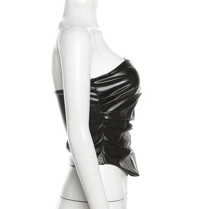 PU leather ruched sweetheart neck solid tube top