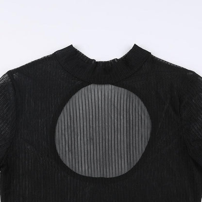 Long sleeve sheer mesh striped bodysuit