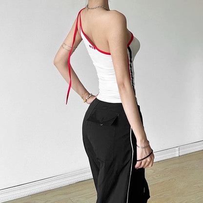 One shoulder irregular self tie “91” pattern contrast top