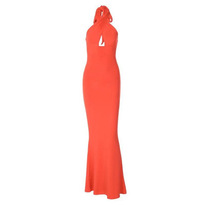 Cross front solid hollow out halter backless 2-way cut out maxi dress-final-sale