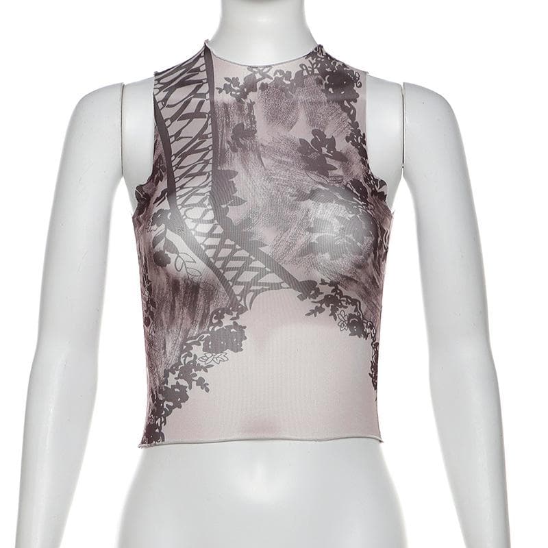 Sleeveless high neck print sheer mesh top
