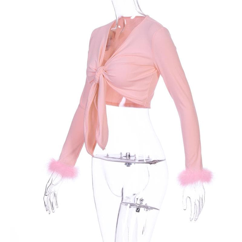 Feather knotted mesh see through long sleeve crop top