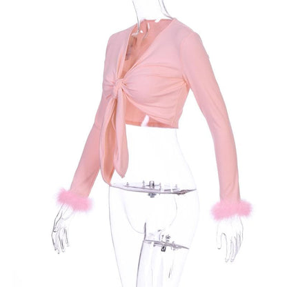 Feather knotted mesh see through long sleeve crop top