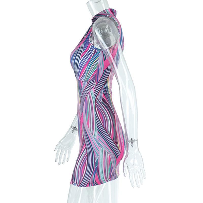 Abstract Stripe Print Point Collar Plunging V-Neck Lace Panel Mini Dress