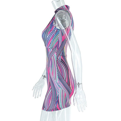 Abstract Stripe Print Point Collar Plunging V-Neck Lace Panel Mini Dress