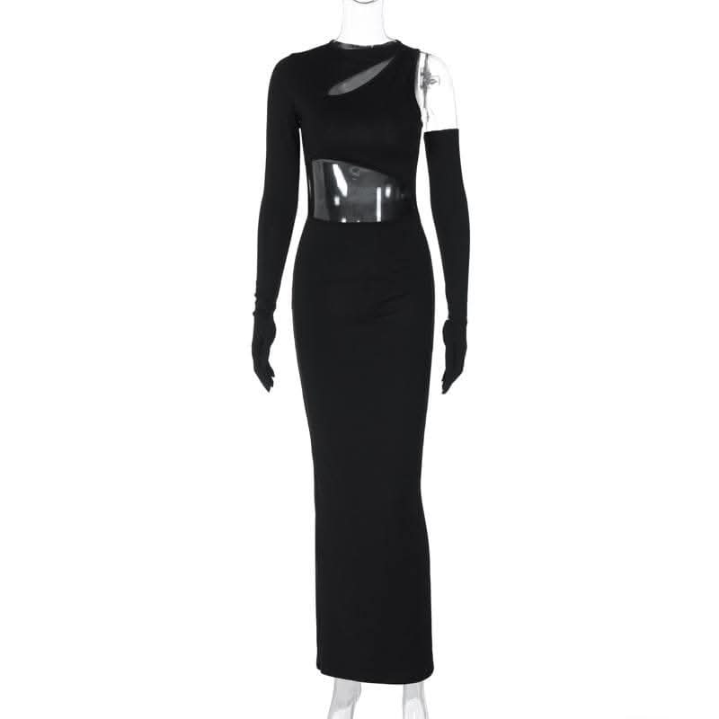 Long sleeve gloves irregular hollow out crewneck cut out maxi dress-final-sale