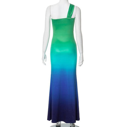 One shoulder gradient ruched cami maxi dress