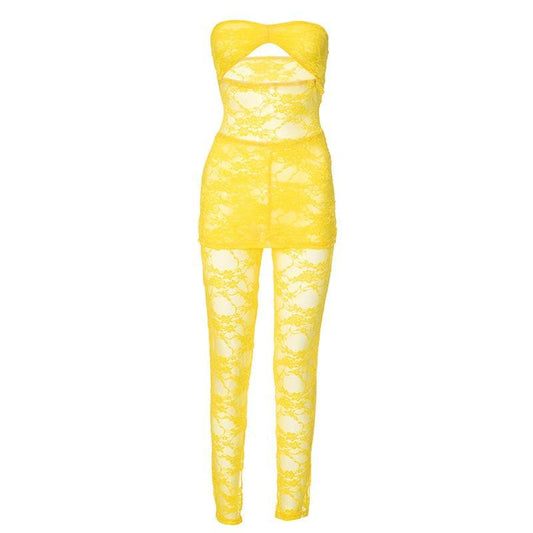 Lace hollow out ruched see through tube pant set