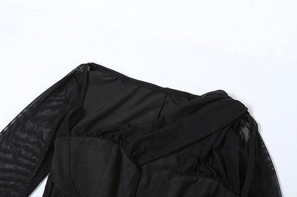 Long sleeve mesh irregular patchwork slit maxi dress-final-sale