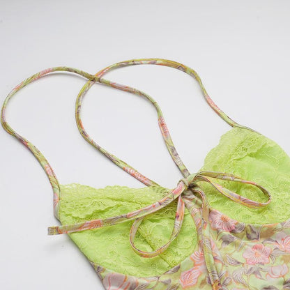 Sweetheart neck lace flower print knotted cami maxi dress