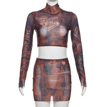 Long sleeve high neck print sheer mesh crop mini skirt set-final-sale