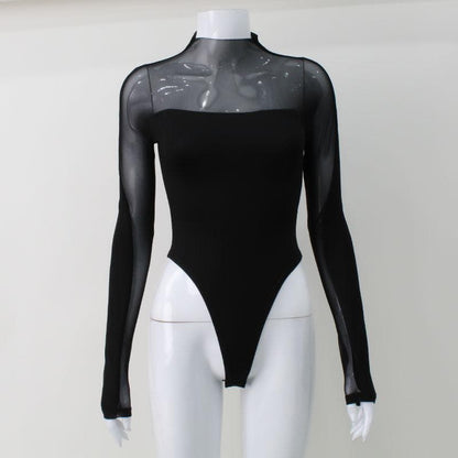 Long sleeve high neck mesh patchwork bodysuit