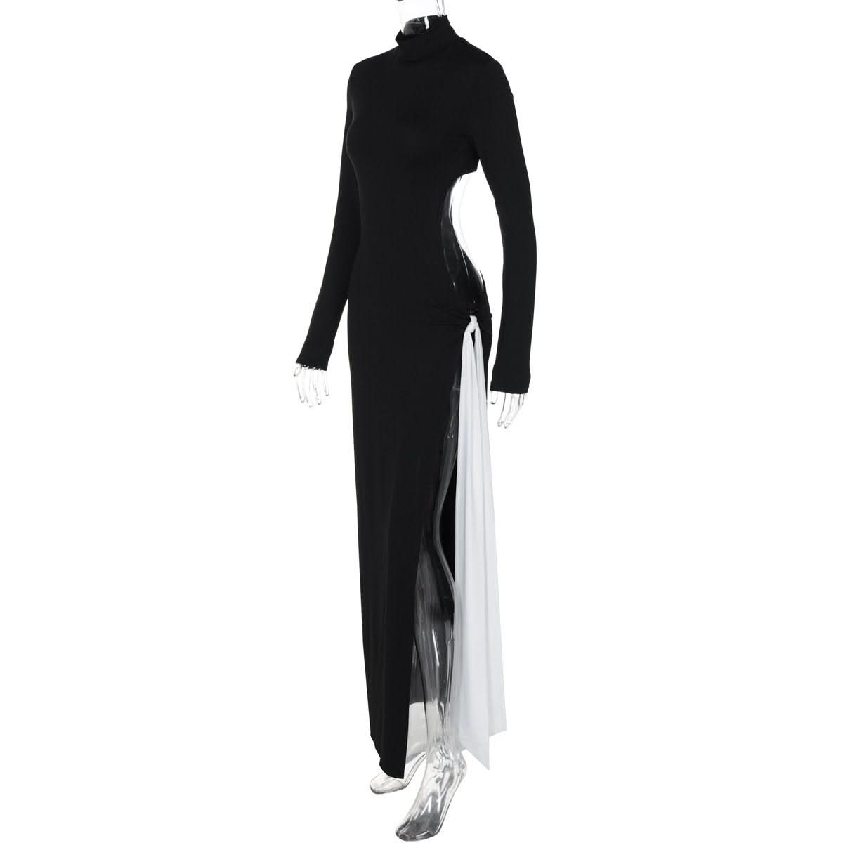 High neck long sleeve hollow out slit knotted cut out maxi dress