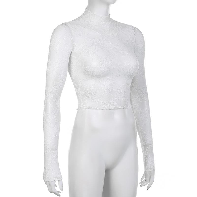 Long sleeve high neck lace see through top