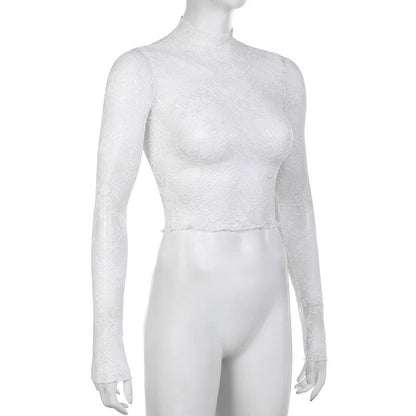 Long sleeve high neck lace see through top