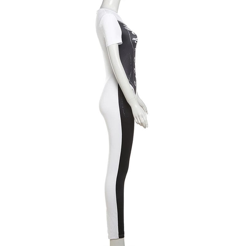 Short sleeve crewneck body print zip-up jumpsuit