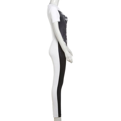 Short sleeve crewneck body print zip-up jumpsuit