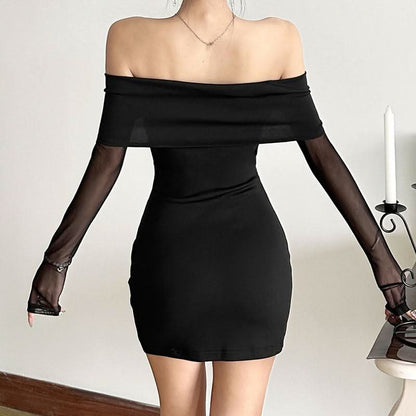 Off shoulder long sleeve mesh bowknot mini dress