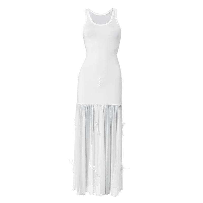 U neck mesh patchwork bowknot 2-way midi dress
