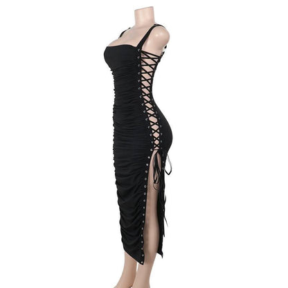 Square neck lace up ruched hollow out cut out midi dress
