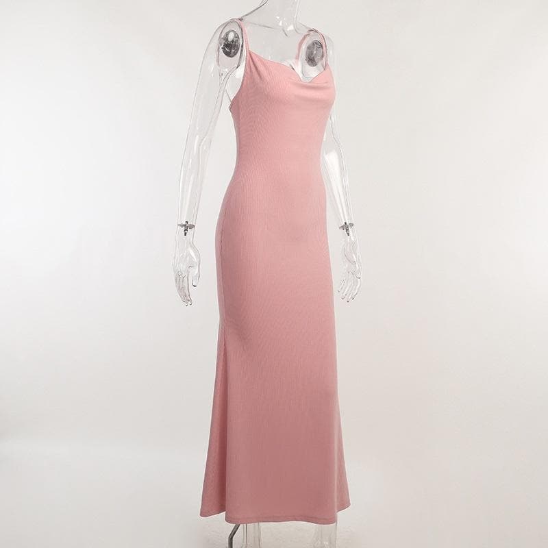 Ribbed Knit Spaghetti Strap Cowl Neck Bodycon Maxi Dress