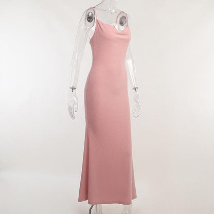 Ribbed Knit Spaghetti Strap Cowl Neck Bodycon Maxi Dress