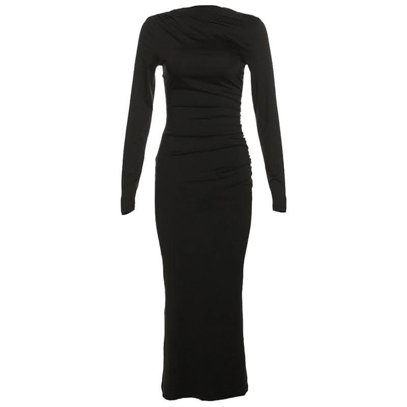 Ruched solid long sleeve zip-up maxi dress-final-sale