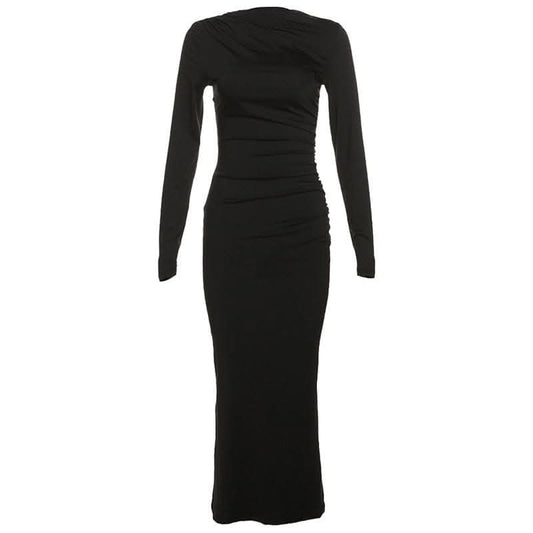 Ruched solid long sleeve zip-up maxi dress-final-sale