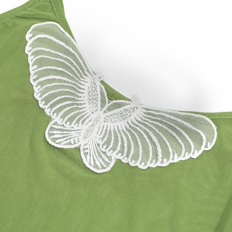 U neck butterfly embroidery sheer mesh cami mini dress