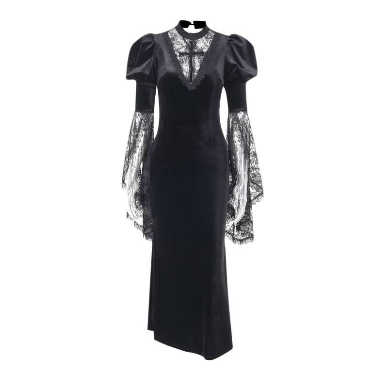 Crewneck long flared sleeve slit velvet lace midi dress