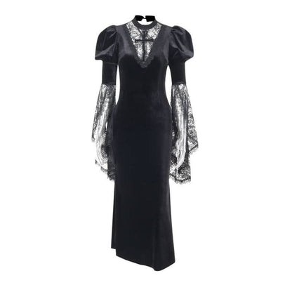 Crewneck long flared sleeve slit velvet lace midi dress