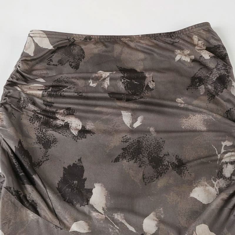 Ruched contrast print maxi skirt