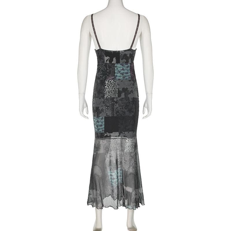 V neck print lace hem mesh cami midi dress
