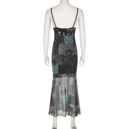 V neck print lace hem mesh cami midi dress