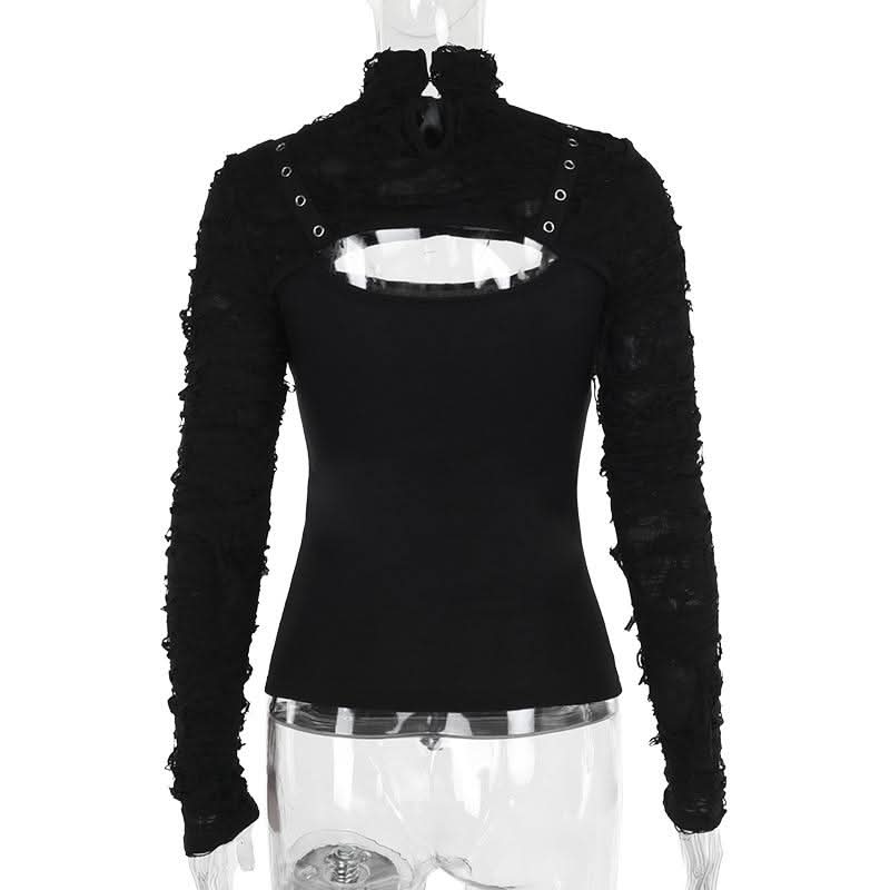 Long sleeve high neck hollow out buckle cut out top