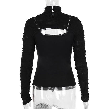 Long sleeve high neck hollow out buckle cut out top