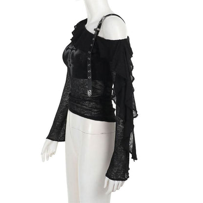 Off shoulder long sleeve ruffle cross pattern buckle top