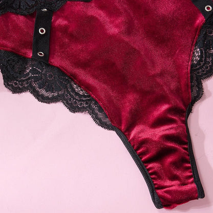 Velvet v neck lace button cami bodysuit