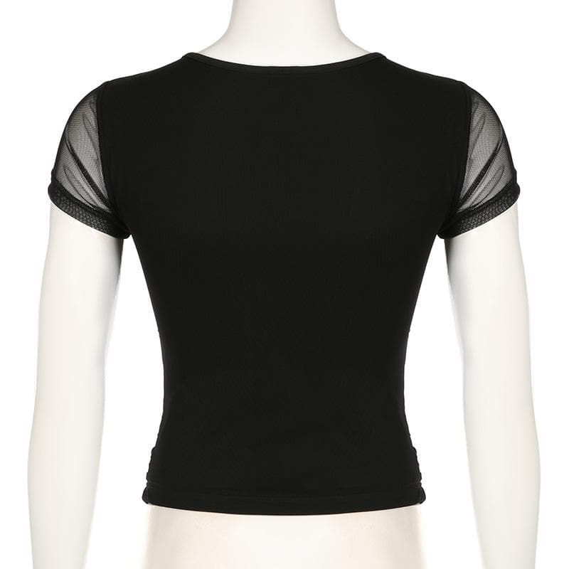 Short sleeve v neck mesh ruched solid top