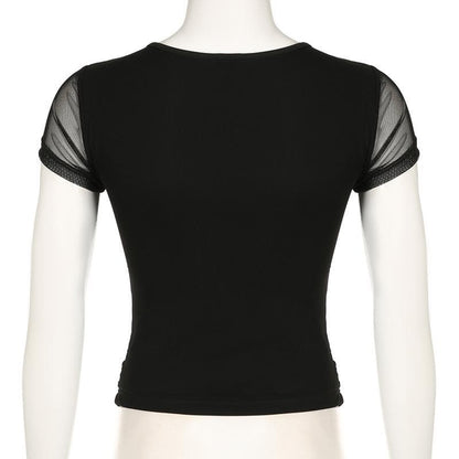 Short sleeve v neck mesh ruched solid top