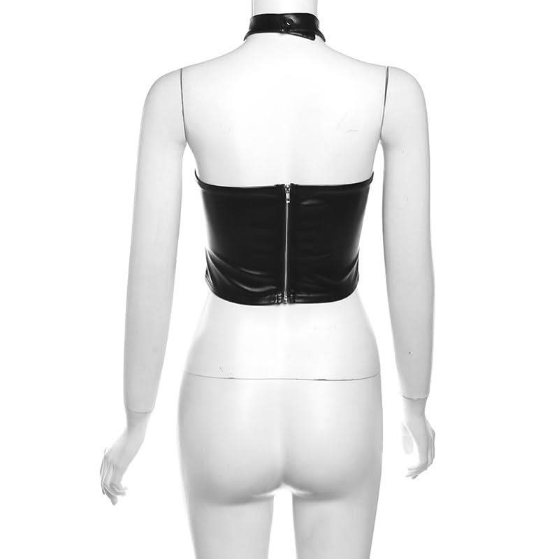 Halter backless PU leather zip-up crop top