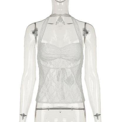 Halter lace see through ruched top