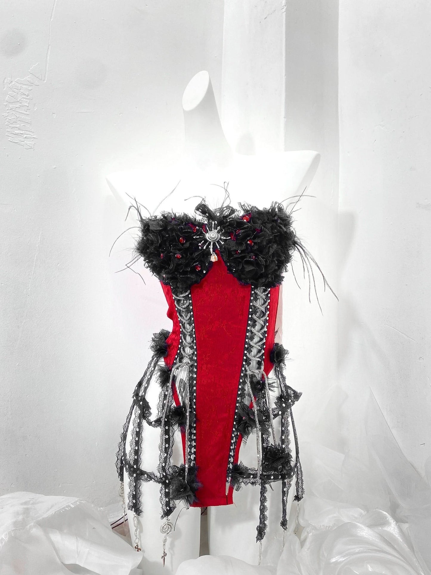 Corset feather lace up contrast tube top