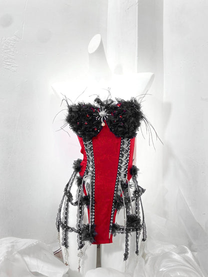 Corset feather lace up contrast tube top