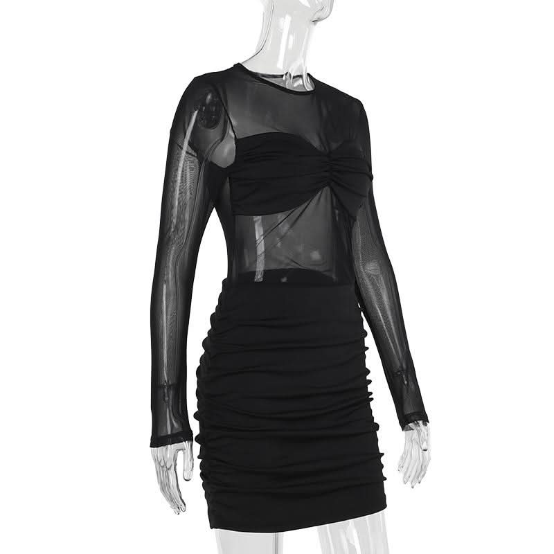 Long sleeve mesh patchwork ruched mini dress