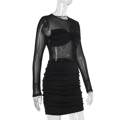 Long sleeve mesh patchwork ruched mini dress