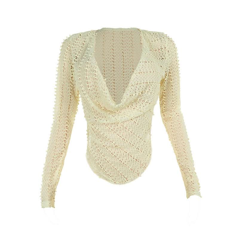 Cowl neck long sleeve irregular hollow out cut out top