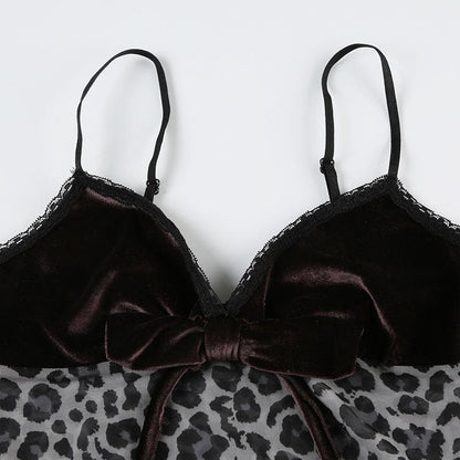 V neck velvet leopard print mesh bowknot cami top