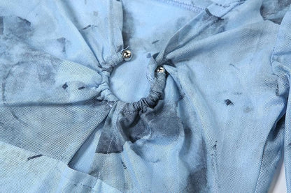 Long sleeve sheer mesh v neck print maxi dress