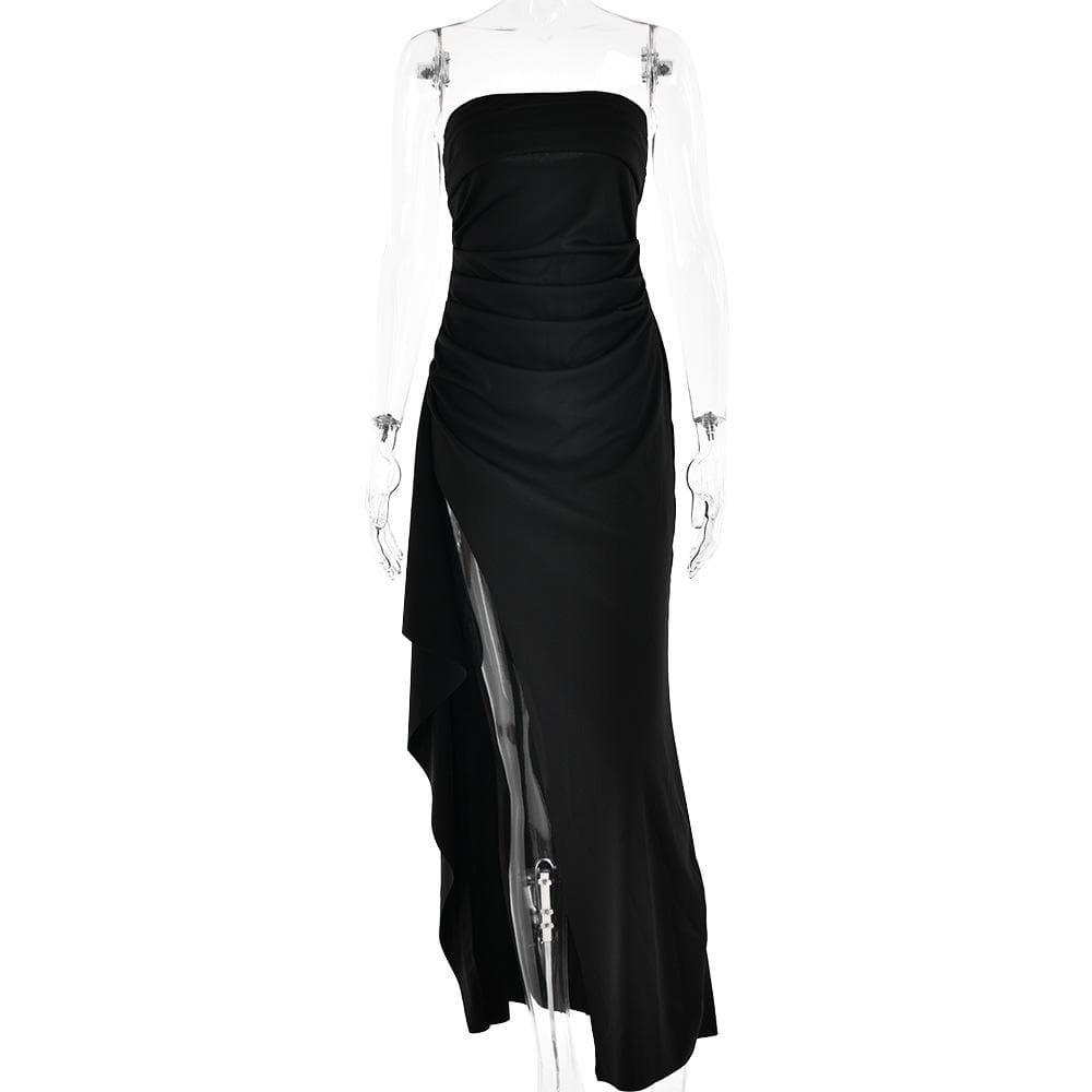 Ruched high slit irregular ruffle tube maxi dress